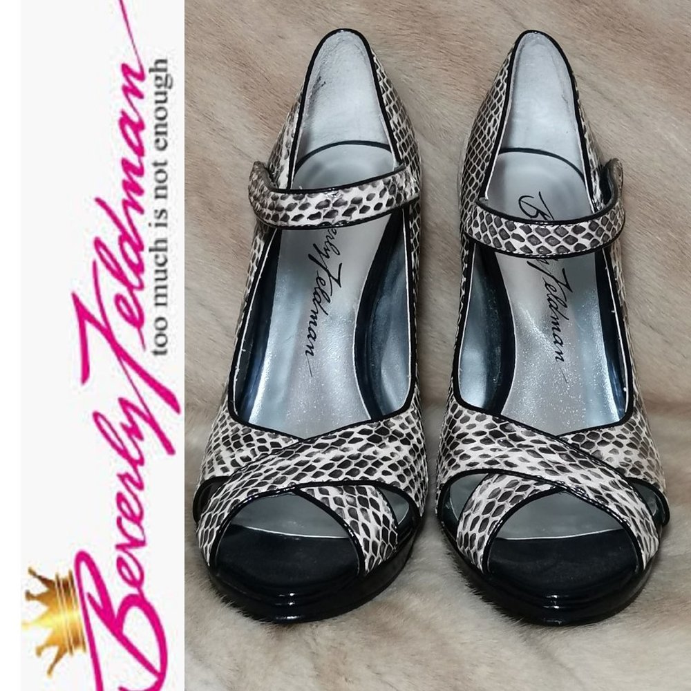 🆕 BEVERLY FELDMAN Snakeskin Sexy Peep Toe Pumps - Cream & Black